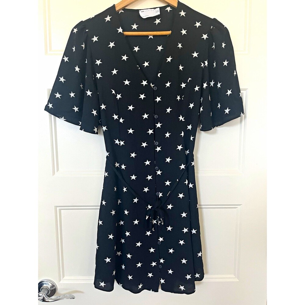 ASOS DESIGN Black/White Star Print V-Neck Button Shirt Mini Dress US 8